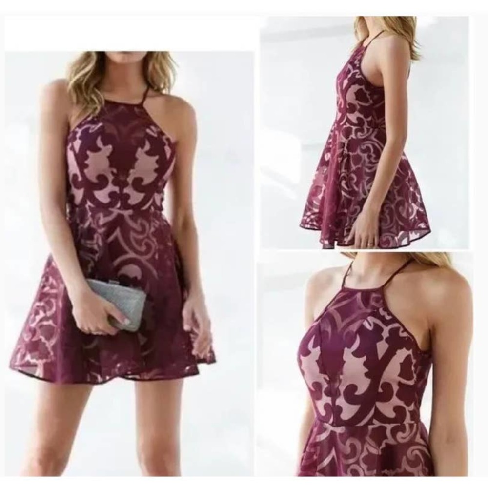 Keepsake Romantic Rebel Burnout Lace Skater Dress i n Wine, Medium